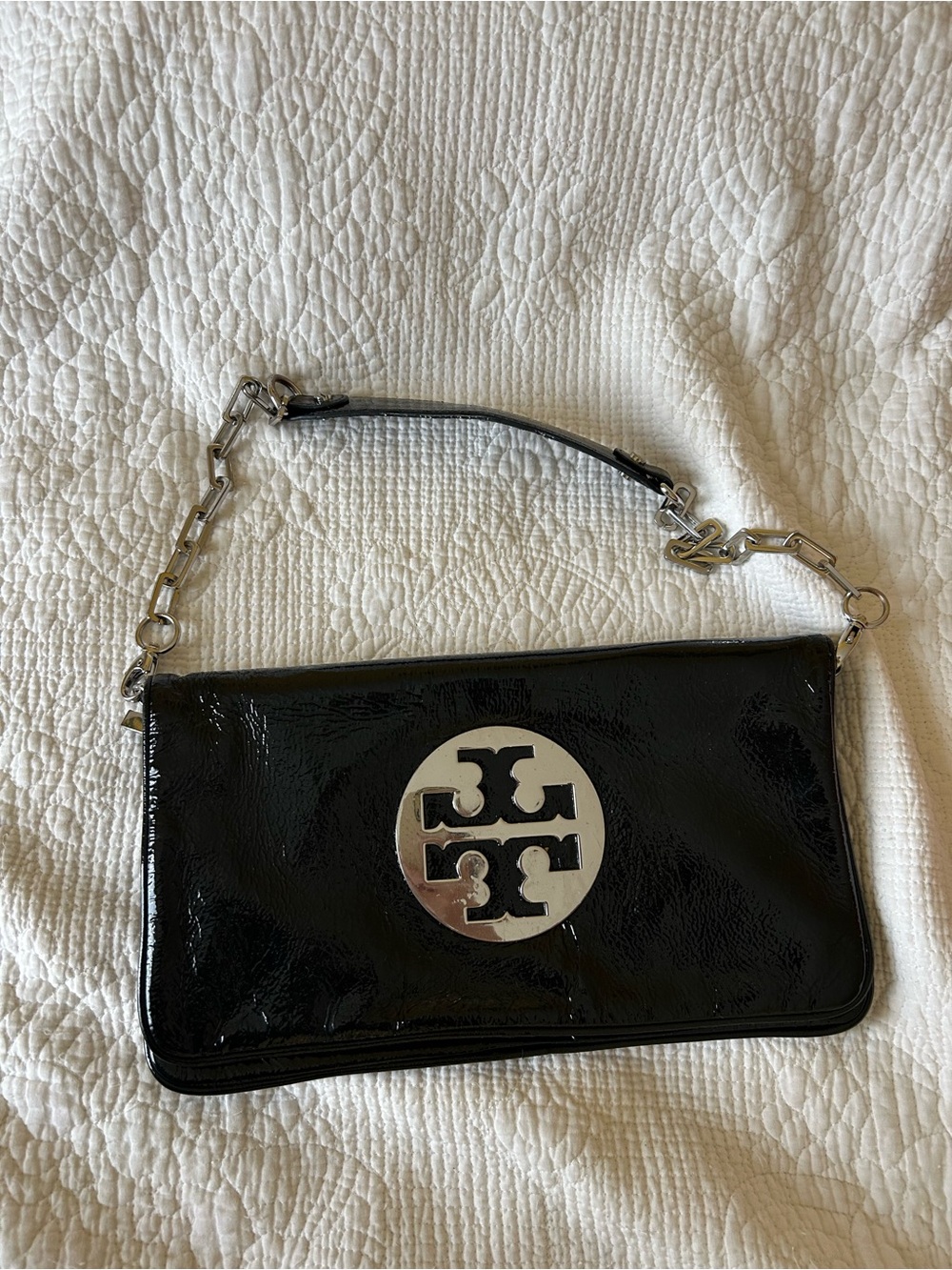 Tory Burch Black Patent Leather Logo Clutch